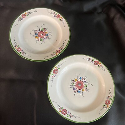 #ad 2 Hand Painted Pottery Salad Dessert Plates Portugal White Green Floral 7.5quot; $24.98