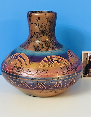 #ad Navajo Art Pottery Vase Hand Etched Painted Horse Hair Colorful Samantha Willie $65.95