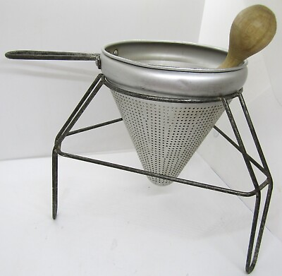 #ad Vintage Aluminum Food Mill Cone Sieve Colander Strainer With Wood Pestle amp; Stand $31.99