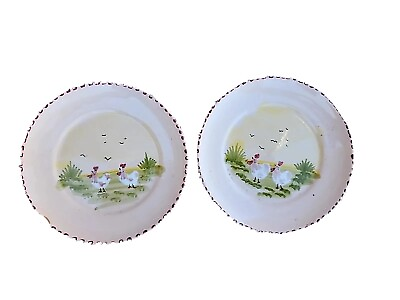 Vintage Set of 2 Lamas Italy Handpainted Rustic Chicken Pottery Plates 8quot; *READ* $12.00