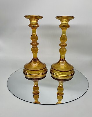 #ad US GLASS Pair of 76 Amber Glass Candle Sticks Vintage Depression Era 1920s 30s $20.00