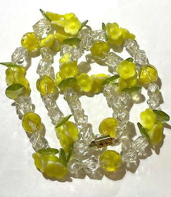 Vintage Fruit Salad Style Daisy Flower Leaf Yellow Green Glass 25quot; Necklace DE8 $79.99