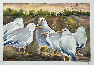 #ad #ad Watercolor Painting Seagulls Foraging For Food At Farm 7x8” Fine Art Dagmar Kau $69.52