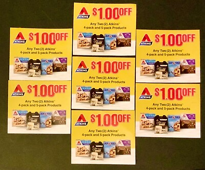 #ad lot of 7 Atkins coupons save $1 off 2 low carb diet bars shakes treats exp 5 31 $1.99