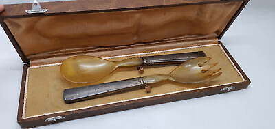 #ad Antique Cutlery To Salad Horn Metal Silver IN Box Vintage $24.60