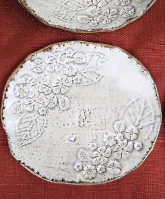 Set of 4 Handmade Studio Art Pottery Plates Impressed Floral Design Dessert 6quot; $19.00