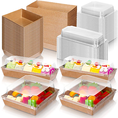 #ad 100 Pack 2 Size Paper Charcuterie Box with Clear Safety Lid 5 Brown Square Dispo $50.99