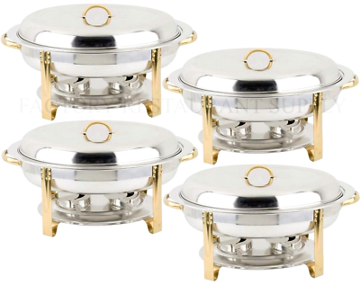 #ad 4 PACK Deluxe 6 Qt Gold Stainless Steel Oval Chafer Chafing Dish Set Full Size $295.00