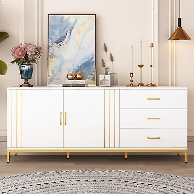 #ad #ad 63” Modern Credenza Sideboard Buffet Storage Cabinet with 3 Drawers Metal Legs $221.10