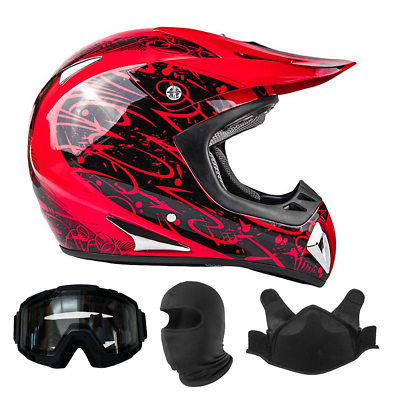 #ad Adult Snocross Combo Red Snowmobile Helmet Breath Box Goggles Balaclava DOT $100.00
