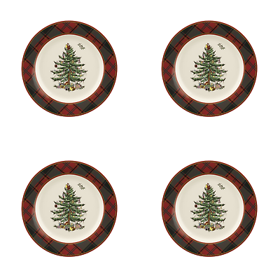 #ad Spode Christmas Tree Tartan Salad Plate 7.75 inch Stoneware 4 pieces $30.58