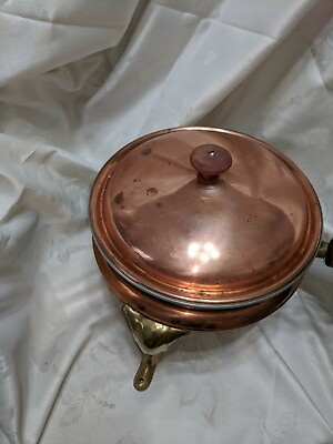 #ad Vintage Antique Copper Chafing Dish Pot Set Up with Stand Wooden Handle $18.90