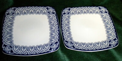 #ad 2 Luxury Collection BLUE: Roscher Square Salad Plates Blue Scrolls amp; Plumes 8.5quot; $17.97
