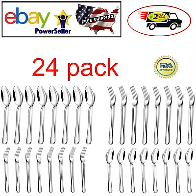 #ad 24 Pack Cutlery Dinner Forks and Spoons Stainless Steel Salad Party Table Set $43.76