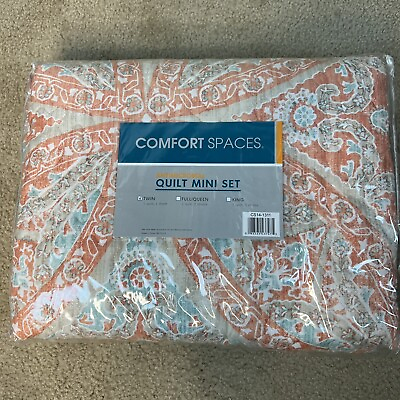 #ad Comfort Spaces Twin Quilt and Sham CS14 1311 Coral Blue White Cottage NEW $38.99