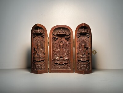#ad #ad Antique Three Open Box Taoist Sanqing Saints Collect Wooden Carving Feng Shui $25.63