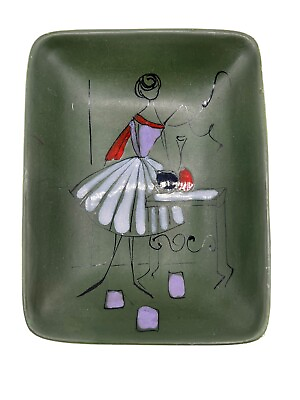 Italian Pottery Forest Green Art Deco 50s Woman Trinket Dish $21.25