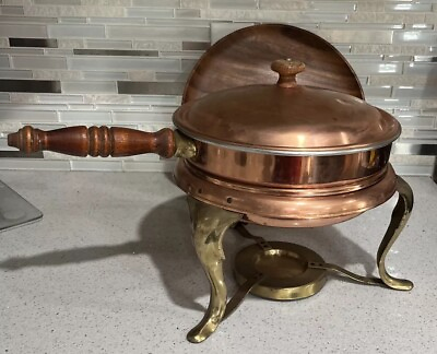 #ad Vintage Copper Chafing Dish Fondue Pot. 4 Piece Set. With Wooden Handle $29.00