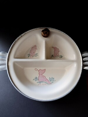 #ad Vintage Excello Bo Peep Ceramic Pewter Baby Warming Dish Original Cork Gingham $12.79