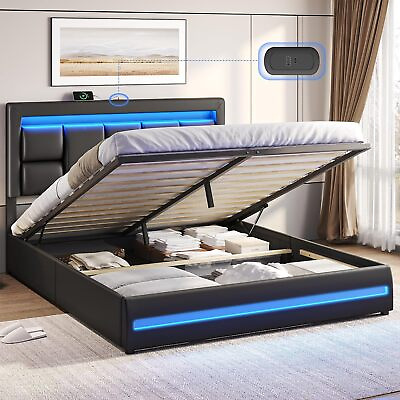 #ad Modern Led Full Queen Lift up Storage Bed Frame Upholstered Platform Headboard $278.99