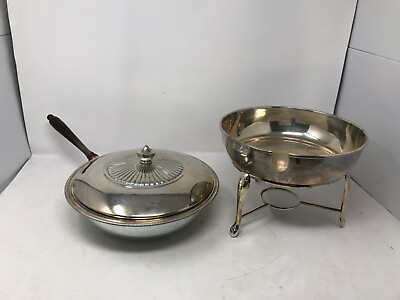 #ad Vintage Silverplate Chafing Dish Set Wooden Handle $21.00