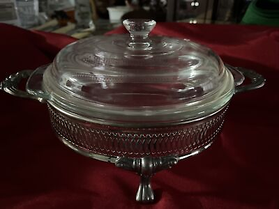 Anchor Hocking Fire King 1.5Qt Ovenware Dish amp; Lid Silver Plated Chafing Holder $18.50