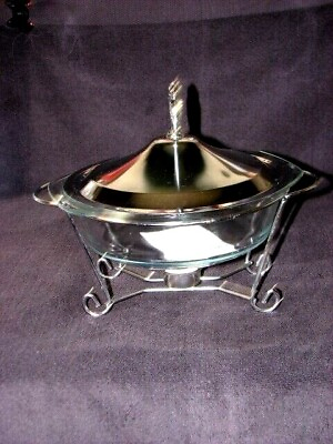 #ad Vintage Covered Casserole Chafing Glass Dish With Chrome Plated Stand $29.85