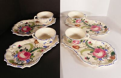 Nove Rose Snack Set s LOT OF 4 Buffet Tray Plate and Cups Majolica Italy $38.95