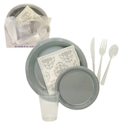12 P Disposable Set Dinner Wedding Party Plastic Plate Fork Knife Napkin Glasses $19.16
