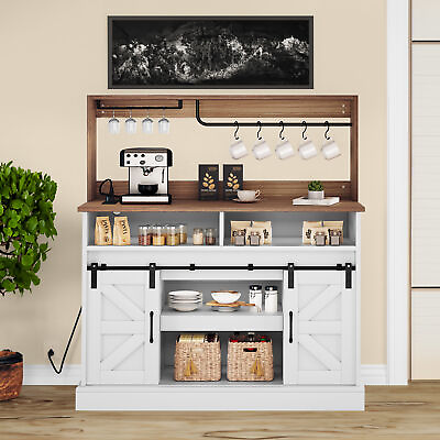 #ad 47quot; Farmhouse Coffee Bar Cabinet Sideboard Buffet Cabinet w Sliding Barn Door $174.79