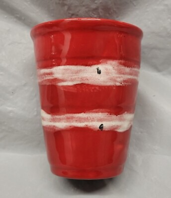 #ad Modern Art Pottery Red Cup vase artist signed # 4056 $45.00