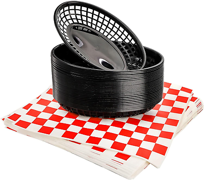 #ad 30 Black Oval Fast Food Baskets W 250 Checkered Deli Liners 8.9 X 5.6 X 1.5 In $27.02
