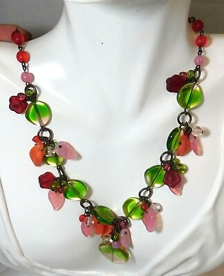Fruit Salad style Blown Glass Bead Pink Green Flower Copper Wired Necklace 5e 63 $45.99