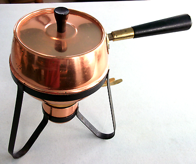 #ad Vintage COPPER Warming CHAFING Dish BURNER Wood Brass Accents Black METAL STAND $58.50
