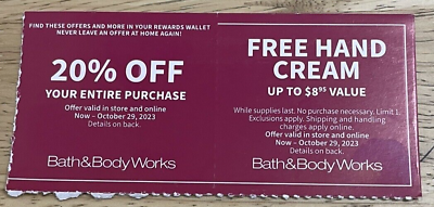 Bath amp; Body Works Coupons 20% Off Entire Purchase Extra Gift Expires 10 29 2023 $9.85