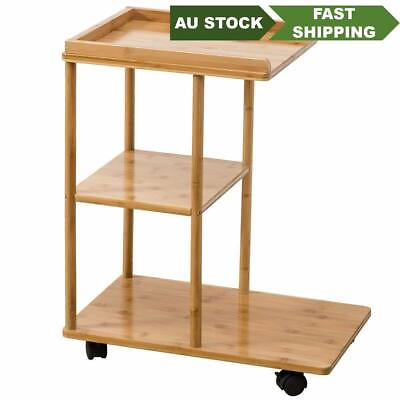 #ad Bamboo Table Portable Coffee Side Table Cart With Wheels Food Car Trolley Table AU $129.00