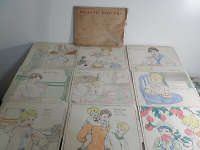 #ad 1927 Antique Set of 9 Health Posters for Coloring by Bess Bruce Cleaveland $39.00