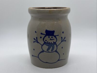 BBP Beaumont Brothers Pottery Winter SNOWMAN Crock Cobalt Blue Salt Glazed 5.5quot; $38.95