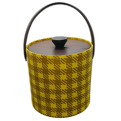 Vtg Ice Bucket By Kraftware Yellow Brown Plaid Wood Lid Insulated Bar MCM Retro $19.97