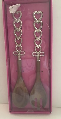#ad Salad Spoons Heart Love Wood Metal Valentine Wedding Anniversary NIB $16.00