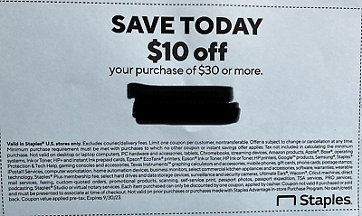 Staples $10 off $30 in store only coupon Exp 12 31 2023 $3.75