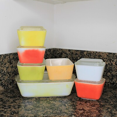 Vintage Colorful Set of Pyrex Refrigerator Container Dishes $110.00