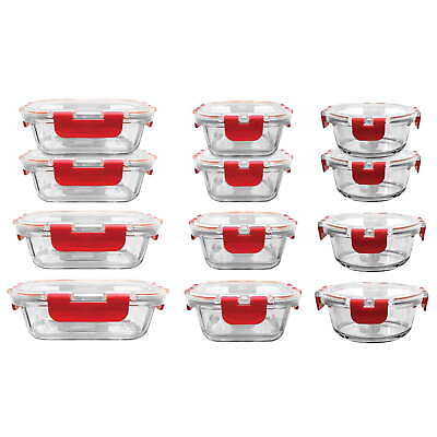#ad 24 Piece Glass Food Storage Set with Locking Hinge Red Lids Superior Quality $32.30