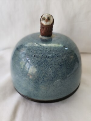 #ad Art Pottery Lidded Butter Cheese Dome Dish Owl Handle Signed Blue Glaze Redware C $38.25