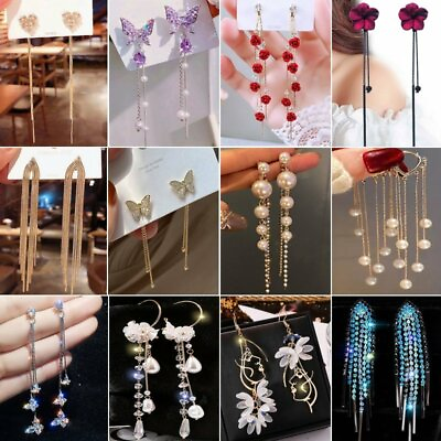 Fashion Long Tassel Zircon Crystal Earrings Stud Pearl Drop Dangle Women Jewelry C $1.93