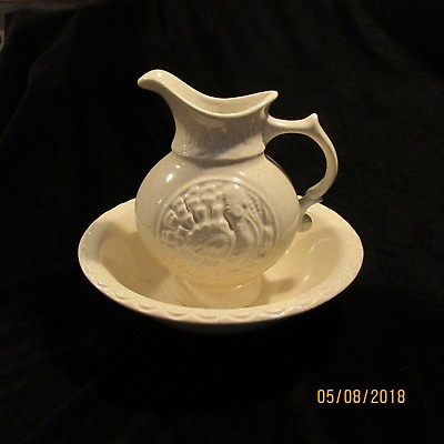 1968 McCoy Pottery Turkey Theme Water Pitcher with Wash Bowl Cream Brown $72.00