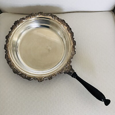 #ad Vintage Silver Plated Round Ornate Scroll Chafing Dish Black Wooden Handle $23.99