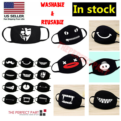 Cartoon Face Mask Cover Funny Unisex Teeth Mouth Black Cotton Printed Washable $5.98