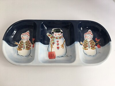 #ad Ceramic SNOWMAN 3 Section Serving DISH CHRISTMAS Party Dish $15.51