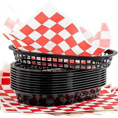 Retro Black Plastic Fast Food Baskets amp; Red Patty Paper Liner Set by Avant Grub $19.61